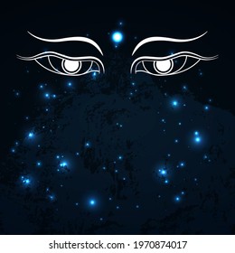 Buddha eyes symbol, icon, sign  on cosmos and mountain background. Buddhism concept design. Vector illustration