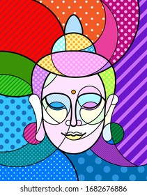 BUDDHA face with closed eyes  Modern colourful pop art graphic element for your design. Vector artistic harmony yoga  illustration in pop-art comic style.