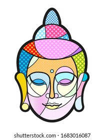 BUDDHA face with closed eyes Modern colourful pop art graphic element for your design. Vector artistic yoga concept illustration in pop-art comic style.