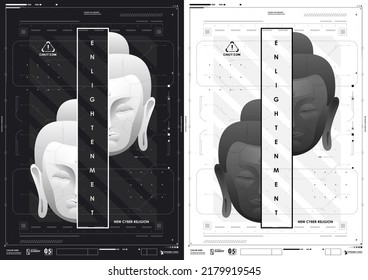 Buddha face. Cyberpunk futuristic poster. Tech Abstract poster template with HUD elements.