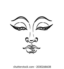 Buddha face isolated on white. Esoteric vintage vector illustration. Indian, Buddhism, spiritual art. Hippie tattoo, spirituality, Thai god, yoga zen Coloring book pages for adults.