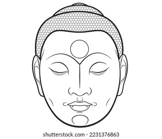 Buddha face isolated on white. Esoteric vintage vector illustration. Indian, Buddhist, spiritual art.