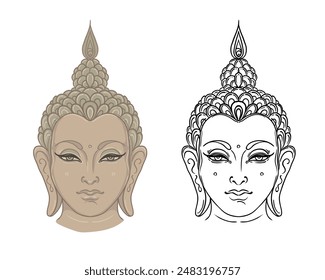 Cara de Buda aislada en blanco. Ilustración vectorial vintage esotérica. Indio, Budismo, arte espiritual. Tatuaje hippie, espiritualidad, dios tailandés, yoga zen Páginas para colorear libros para adultos.
