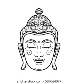 Buddha face isolated on white. Esoteric vintage illustration. Indian, Buddhism, spiritual art. Hippie tattoo, spirituality, Thai god, yoga zen . Coloring book pages for adults.