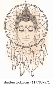 Buddha face over dreamcatcher round pattern. Esoteric vintage vector illustration. Indian, Buddhism, spiritual ar Ethnic design, boho chic, tribal symbol. Coloring book for adults.