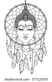 Buddha face over dreamcatcher round pattern. Esoteric vintage vector illustration. Indian, Buddhism, spiritual ar Ethnic design, boho chic, tribal symbol. Coloring book for adults. 