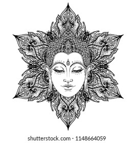 Buddha face over ornate mandala round pattern. Esoteric vintage vector illustration. Indian, Buddhism, spiritual art. Hippie tattoo, spirituality, Thai god, yoga zen Coloring book pages for adults.