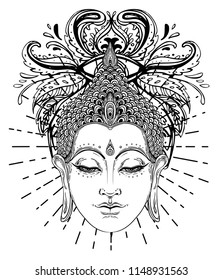 Buddha face over ornate mandala round pattern. Esoteric vintage vector illustration. Indian, Buddhism, spiritual art. Hippie tattoo, spirituality, Thai god, yoga zen Coloring book pages for adults.