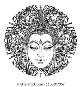 Buddha face over ornate mandala round pattern. Esoteric vintage vector illustration. Indian, Buddhism, spiritual art. Hippie tattoo, spirituality, Thai god, yoga zen Coloring book pages for adults.