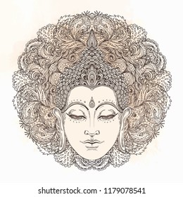 Buddha face over ornate mandala round pattern. Esoteric vintage vector illustration. Indian, Buddhism, spiritual art. Hippie tattoo, spirituality, Thai god, yoga zen Coloring book pages for adults.
