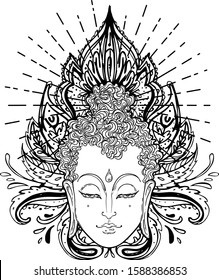 Buddha face over ornate mandala round pattern. Esoteric vintage vector illustration. Indian, Buddhism, spiritual art. Hippie tattoo, spirituality, Thai god, yoga zen Coloring book pages for adults.