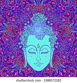 Buddha face over ornate mandala round pattern. Esoteric vintage vector illustration. Indian, Buddhism, spiritual art. Hippie tattoo, spirituality, Thai god, yoga zen Coloring book pages for adults.