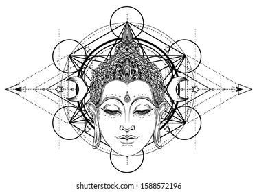 Buddha face over ornate mandala round pattern. Esoteric vintage vector illustration. Indian, Buddhism, spiritual art. Hippie tattoo, spirituality, Thai god, yoga zen Coloring book pages for adults.