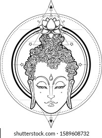 Buddha face over ornate mandala round pattern. Esoteric vintage vector illustration. Indian, Buddhism, spiritual art. Hippie tattoo, spirituality, Thai god, yoga zen Coloring book pages for adults.