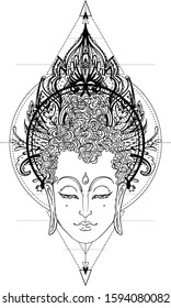 Buddha face over ornate mandala round pattern. Esoteric vintage vector illustration. Indian, Buddhism, spiritual art. Hippie tattoo, spirituality, Thai god, yoga zen Coloring book pages for adults.
