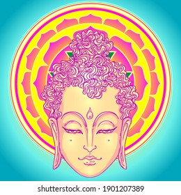 Buddha face over ornate mandala round pattern. Esoteric vintage vector illustration. Indian, Buddhism, spiritual art. Hippie tattoo, spirituality, Thai god, yoga zen Coloring book pages for adults.