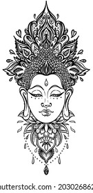 Buddha face over ornate mandala round pattern. Esoteric vintage vector illustration. Indian, Buddhism, spiritual art. Hippie tattoo, spirituality, Thai god, yoga zen Coloring book pages for adults.
