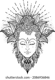 Buddha Gesicht auf orangefarbenem Mandala runder Muster. Esoterische Vintage, Vektorgrafik. Indianer, Buddhismus, spirituelle Kunst. Hippie-Tattoo, Spiritualität, Thai Gott, Yoga zen Coloring Buchseiten für Erwachsene.