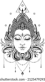 Buddha Gesicht auf orangefarbenem Mandala runder Muster. Esoterische Vintage, Vektorgrafik. Indianer, Buddhismus, spirituelle Kunst. Hippie-Tattoo, Spiritualität, Thai Gott, Yoga zen Coloring Buchseiten für Erwachsene.