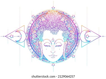 Buddha face over ornate mandala round pattern. Esoteric vintage vector illustration. Indian, Buddhism, spiritual art. Hippie tattoo, spirituality, Thai god, yoga zen Coloring book pages for adults.