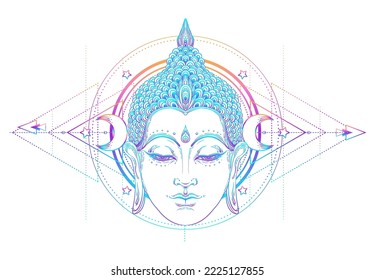 Buddha face over ornate mandala round pattern. Esoteric vintage vector illustration. Indian, Buddhism, spiritual art. Hippie tattoo, spirituality, Thai god, yoga zen Coloring book pages for adults.