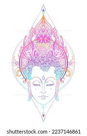 Buddha face over ornate mandala round pattern. Esoteric vintage vector illustration. Indian, Buddhism, spiritual art. Hippie tattoo, spirituality, Thai god, yoga zen Coloring book pages for adults.