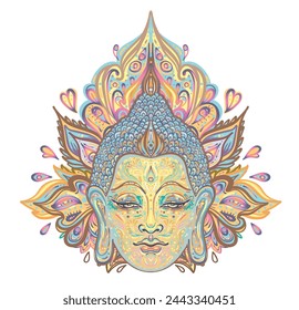 Buddha face over ornate mandala round pattern. Esoteric vintage vector illustration. Indian, Buddhism, spiritual art. Hippie tattoo, spirituality, Thai god, yoga zen Coloring book pages for adults.