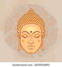 Buddha Gesicht über kunstvolle Mandala runden Muster. Esoterische Vintage-Vektorillustration. Indisch, Buddhismus, spirituelle Kunst. Hippie-Tattoo, Spiritualität, Thai-Gott