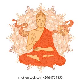 Buddha face over ornate mandala round pattern. Esoteric vintage vector illustration. Indian, Buddhism, spiritual art. Hippie tattoo, spirituality, Thai god, yoga zen Coloring book pages for adults.