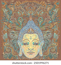 Buddha face over ornate mandala round pattern. Esoteric vintage vector illustration. Indian, Buddhism, spiritual art. Hippie tattoo, spirituality, Thai god, yoga zen