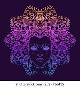 Buddha face over ornate mandala round pattern. Esoteric vintage vector illustration. Indian, Buddhism, spiritual art. Hippie tattoo, spirituality, Thai god, yoga zen