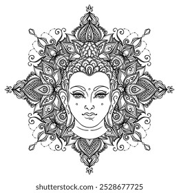 Face de Buda sobre padrão redondo de mandala ornamentado. Ilustração de vetor vintage esotérica. Índia, budismo, arte espiritual. Tatuagem hippie, espiritualidade, deus tailandês, ioga zen