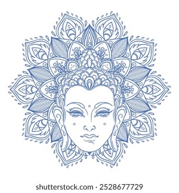 Buddha face over ornate mandala round pattern. Esoteric vintage vector illustration. Indian, Buddhism, spiritual art. Hippie tattoo, spirituality, Thai god, yoga zen