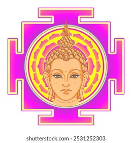 Buddha face over ornate mandala round pattern. Esoteric vintage vector illustration. Indian, Buddhism, spiritual art. Hippie tattoo, spirituality, Thai god, yoga zen