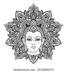 Buddha face over ornate mandala round pattern. Esoteric vintage vector illustration. Indian, Buddhism, spiritual art. Hippie tattoo, spirituality, Thai god, yoga zen