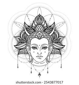 Buddha face over ornate mandala round pattern. Esoteric vintage vector illustration. Indian, Buddhism, spiritual art. Hippie tattoo, spirituality, Thai god, yoga zen