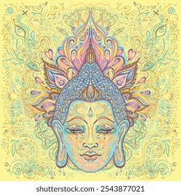 Face de Buda sobre padrão redondo de mandala ornamentado. Ilustração de vetor vintage esotérica. Índia, budismo, arte espiritual. Tatuagem hippie, espiritualidade, deus tailandês, ioga zen