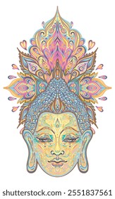 Buddha face over ornate mandala round pattern. Esoteric vintage vector illustration. Indian, Buddhism, spiritual art. Hippie tattoo, spirituality, Thai god, yoga zen