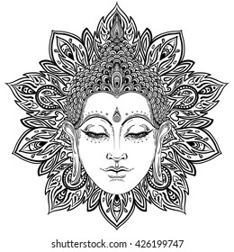 Buddha face over ornate mandala round pattern. Esoteric vintage vector illustration. Indian, Buddhism, spiritual art. Hippie tattoo, spirituality, Thai god, yoga zen  Coloring book pages for adults.