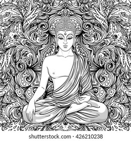 Buddha face over ornate mandala round pattern. Esoteric vintage vector illustration. Indian, Buddhism, spiritual art. Hippie tattoo, spirituality, Thai god, yoga zen  Coloring book pages for adults.