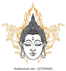 Buddha face over ornate traditional Thai pattern. Esoteric vintage vector illustration. Indian, Buddhism, spiritual art. Hippie tattoo, spirituality, Thailand god, yoga zen Coloring book for adults.