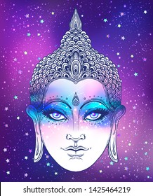 Buddha face over ostarry cosmic background. Esoteric vintage vector illustration. Indian, Buddhism, spiritual art. Psychedelic Poster, Hippie tattoo, spirituality, Thai god, yoga character.