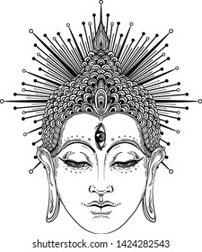 Buddha face over sacred geometry pattern. Esoteric vintage vector illustration. Indian, Buddhism, spiritual art. Hippie tattoo, spirituality, Thai god, yoga zen Coloring book pages for adults. 