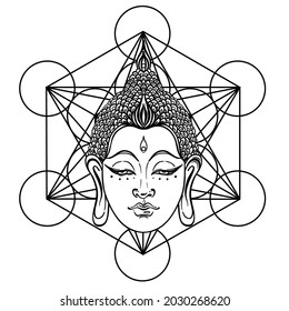 Buddha face over sacred geometry pattern. Esoteric vintage vector illustration. Indian, Buddhism, spiritual art. Hippie tattoo, spirituality, Thai god, yoga zen Coloring book pages for adults. 