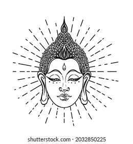 Buddha face over sacred geometry pattern. Esoteric vintage vector illustration. Indian, Buddhism, spiritual art. Hippie tattoo, spirituality, Thai god, yoga zen Coloring book pages for adults. 
