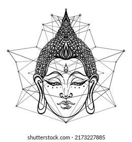 Buddha face over sacred geometry pattern. Esoteric vintage vector illustration. Indian, Buddhism, spiritual art. Hippie tattoo, spirituality, Thai god, yoga zen Coloring book pages for adults. 