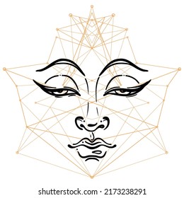 Buddha face over sacred geometry pattern. Esoteric vintage vector illustration. Indian, Buddhism, spiritual art. Hippie tattoo, spirituality, Thai god, yoga zen Coloring book pages for adults. 