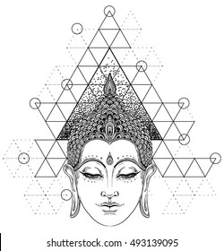 Buddha face over sacred geometry. Esoteric vintage vector illustration. Indian, Buddhism, spiritual art. Hippie tattoo, spirituality, Thai god, yoga zen Coloring book pages for adults.