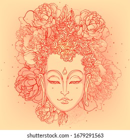 Buddha face with peonies on background. Vector illustration. Psychedelic neon composition. Indian, Buddhism, Spiritual Tattoo, yoga, spirituality. Sticker, patch, poster graphic design.