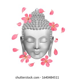 Buddha face with pink cherry flowers print
